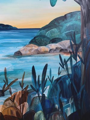 Basking on hot granite rocks, the tea tree stain washes out with the incoming tide; we jump into the swirling deep rock pools - Ingrid Daniell - Painting