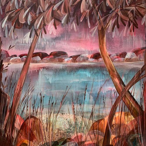 Artwork by Ingrid Daniell - Contemporary Artist - Acrylic and oil painting - Jewels glow in awe, a quiet dawn, on the edge of the lagoon