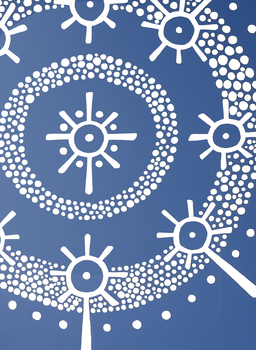 Aboriginal artwork by Chris Tobin white markmaking on blue wall