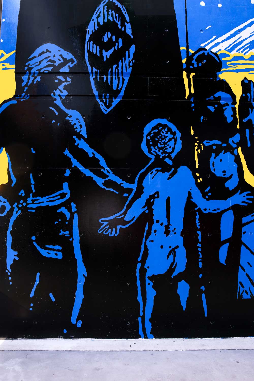 detail image of Aboriginal people in an illustration from Arthur Phillip High School Parramatta mural