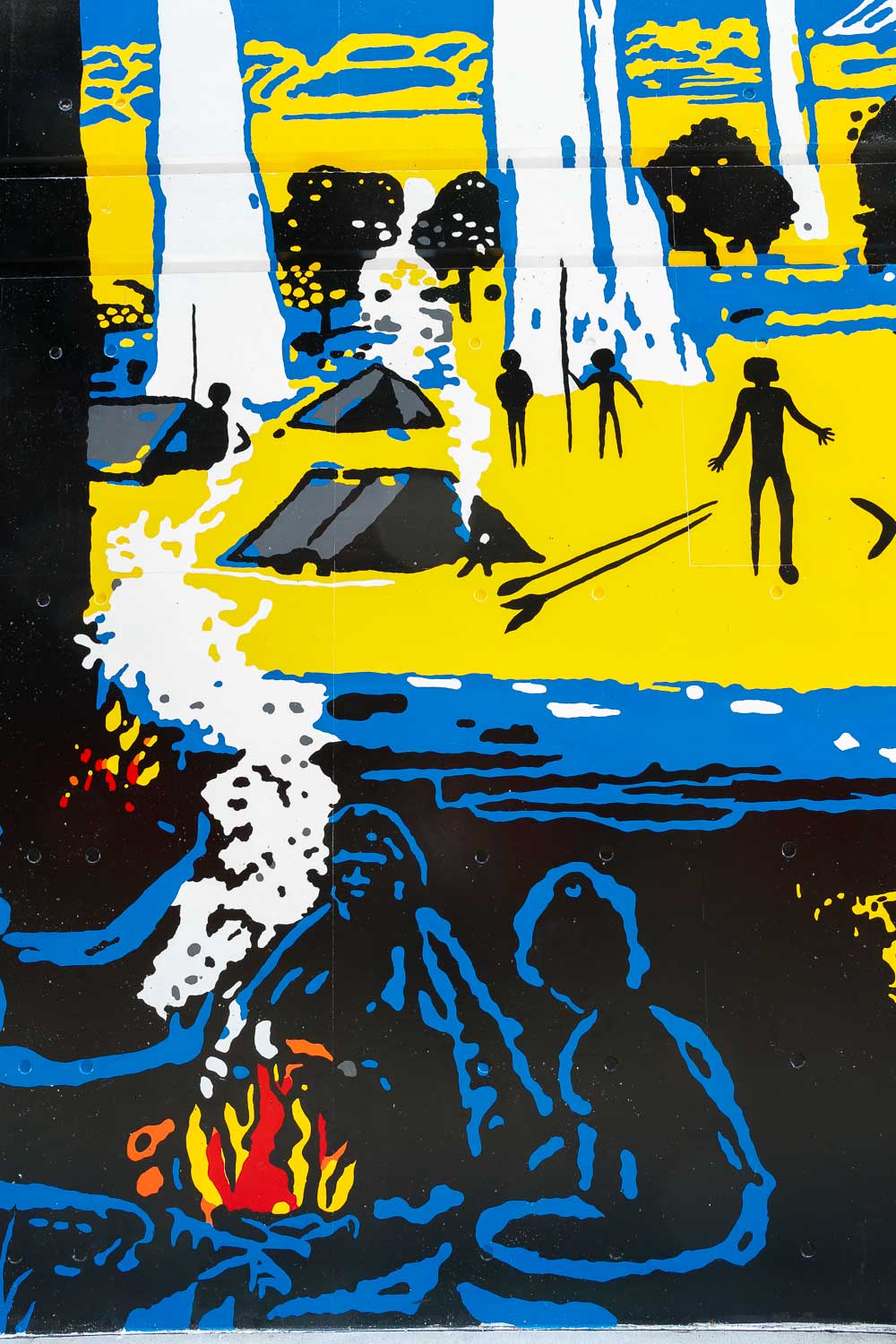 detail image of Aboriginal people in an illustration from Arthur Phillip High School Parramatta mural