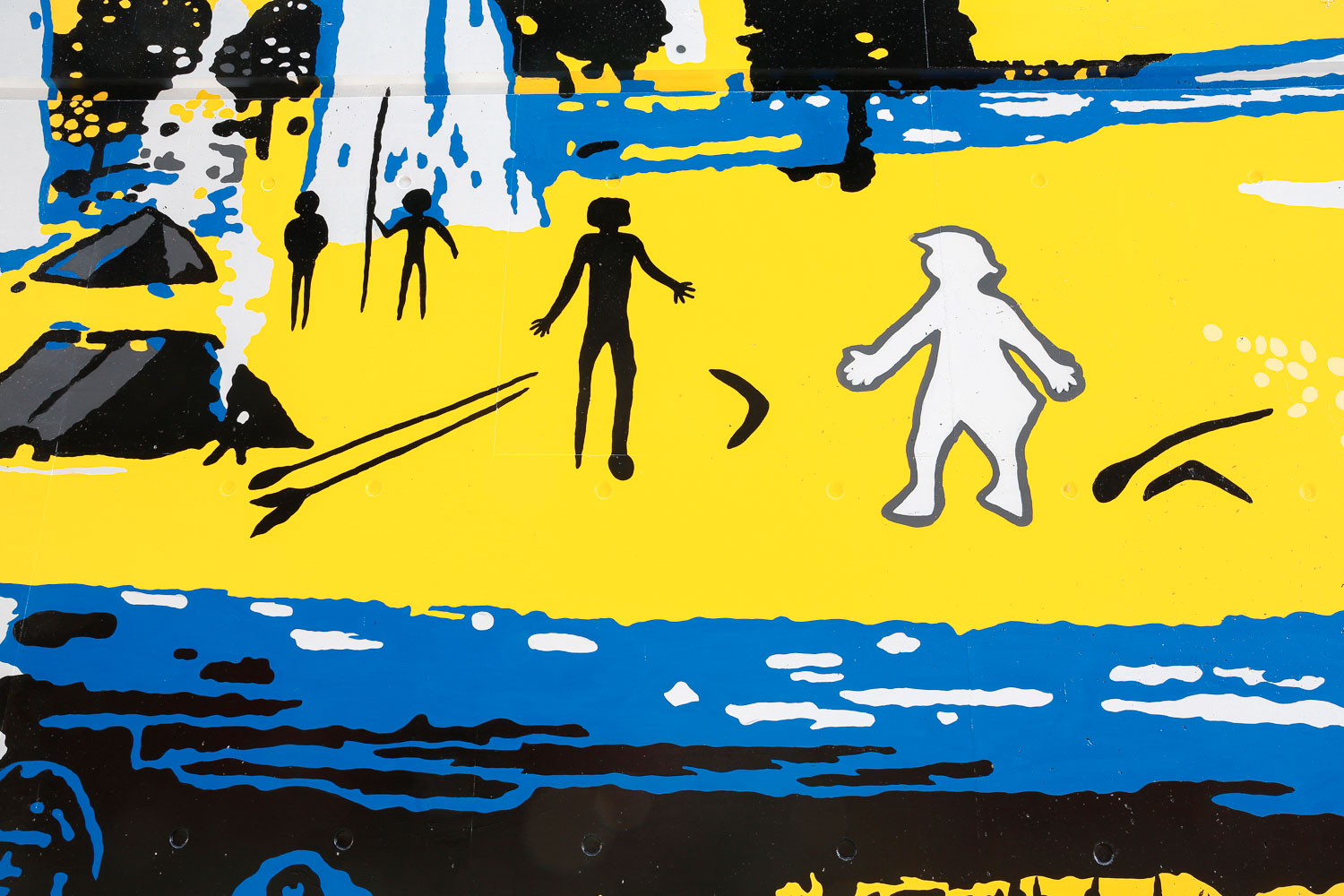 detail image of Aboriginal people in an illustration from Arthur Phillip High School Parramatta mural