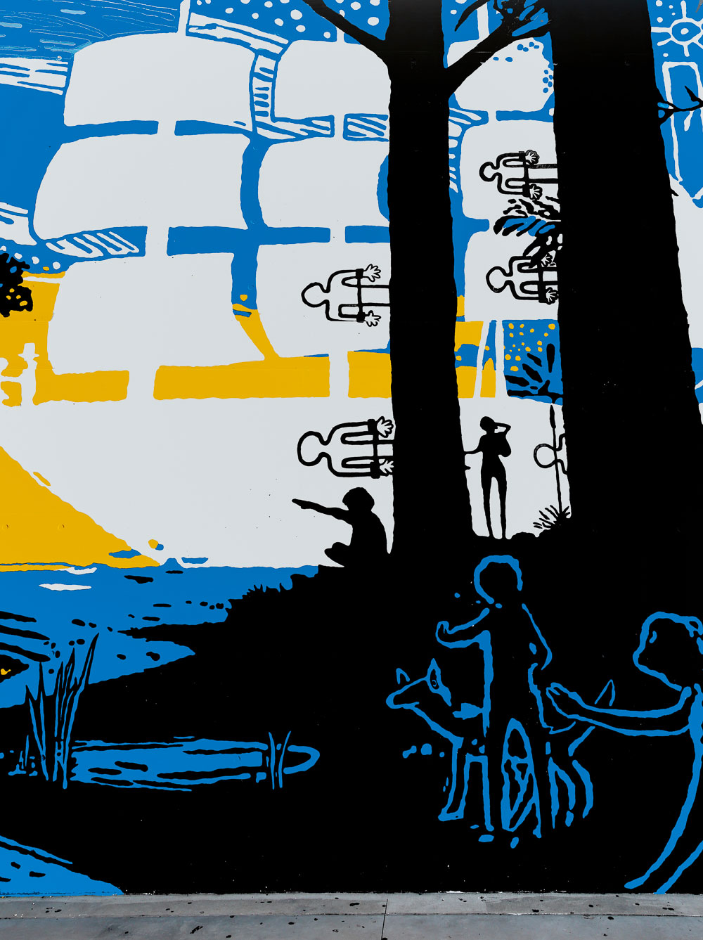 detail image of Aboriginal people in an illustration from Arthur Phillip High School Parramatta mural