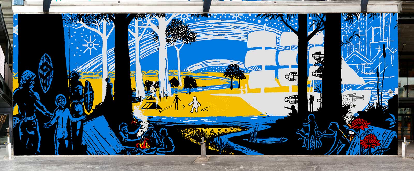 image of Aboriginal people in an illustration from Arthur Phillip High School Parramatta mural