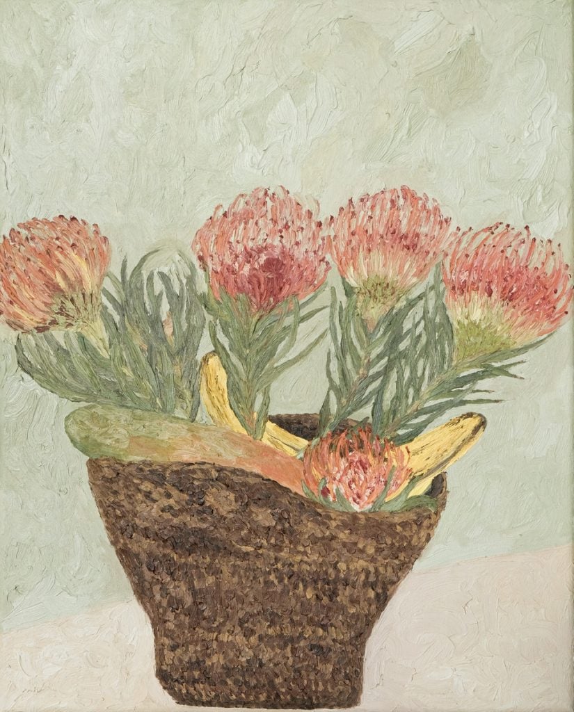 Waratah and Fruits in Rattan Basket