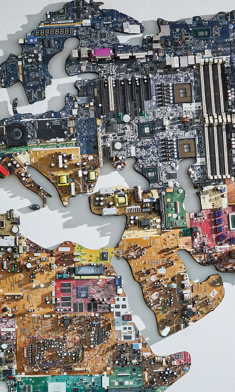 e-waste wall sculpture world map close up