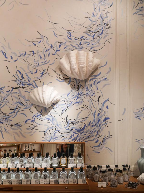interior of wall mural in Diptyque store, Chadstone