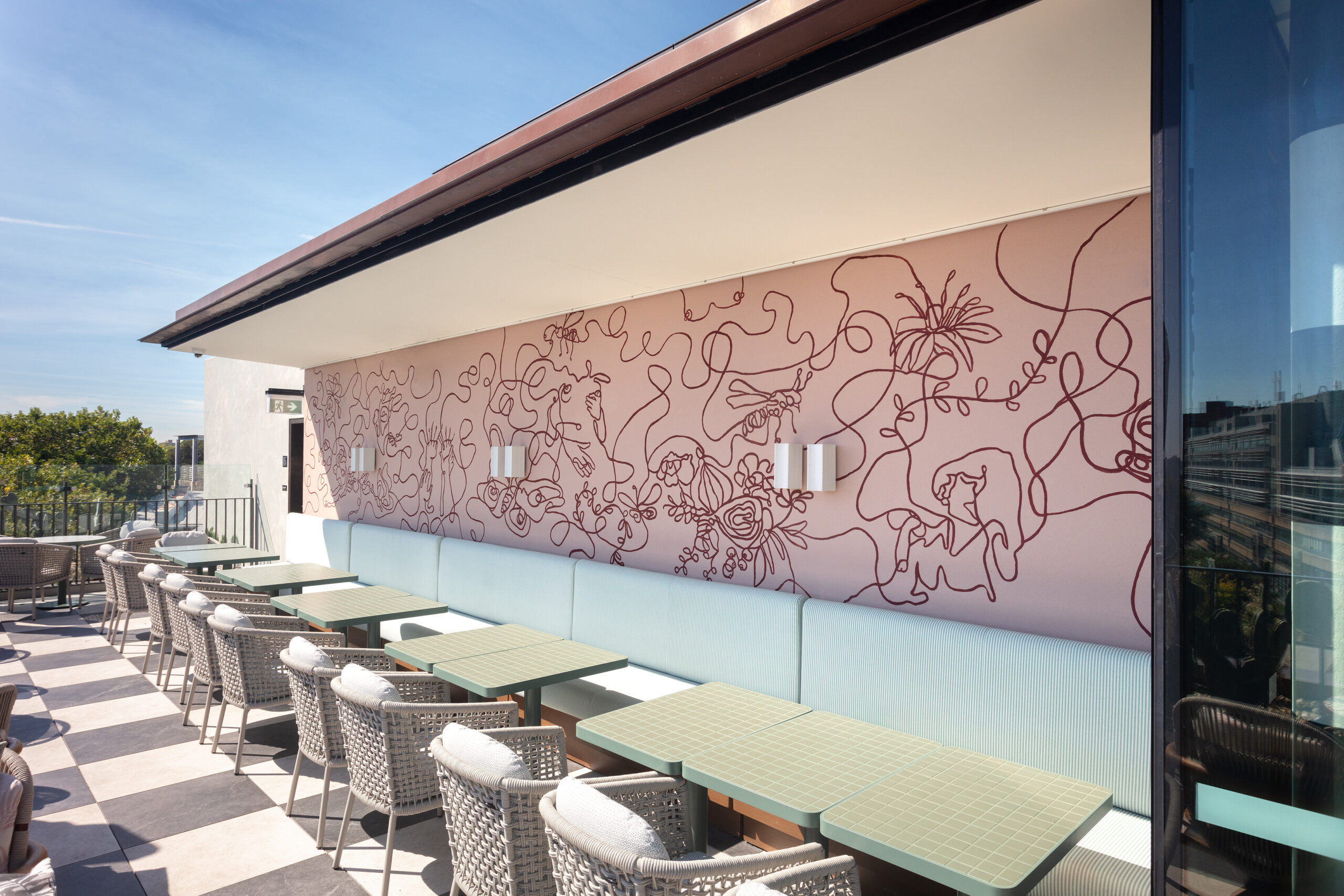Monica rooftop bar mural, 25hours hotel The Olympia Sydney