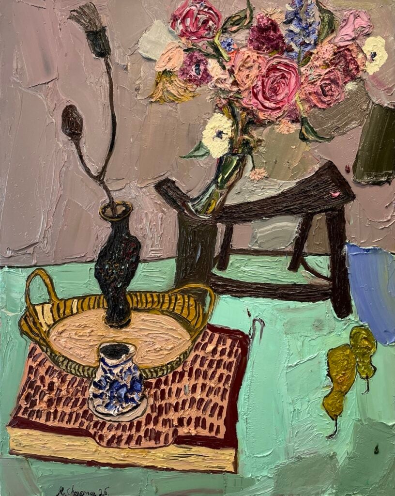 Shortened Stool With Roses And Pears