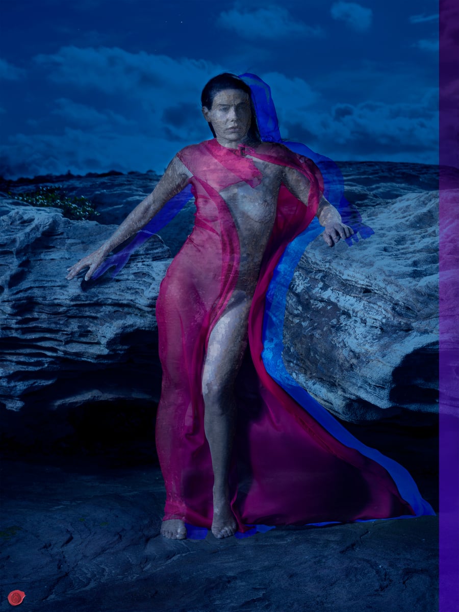 Mythic Woman on Mountain Rocks, Starry Night
