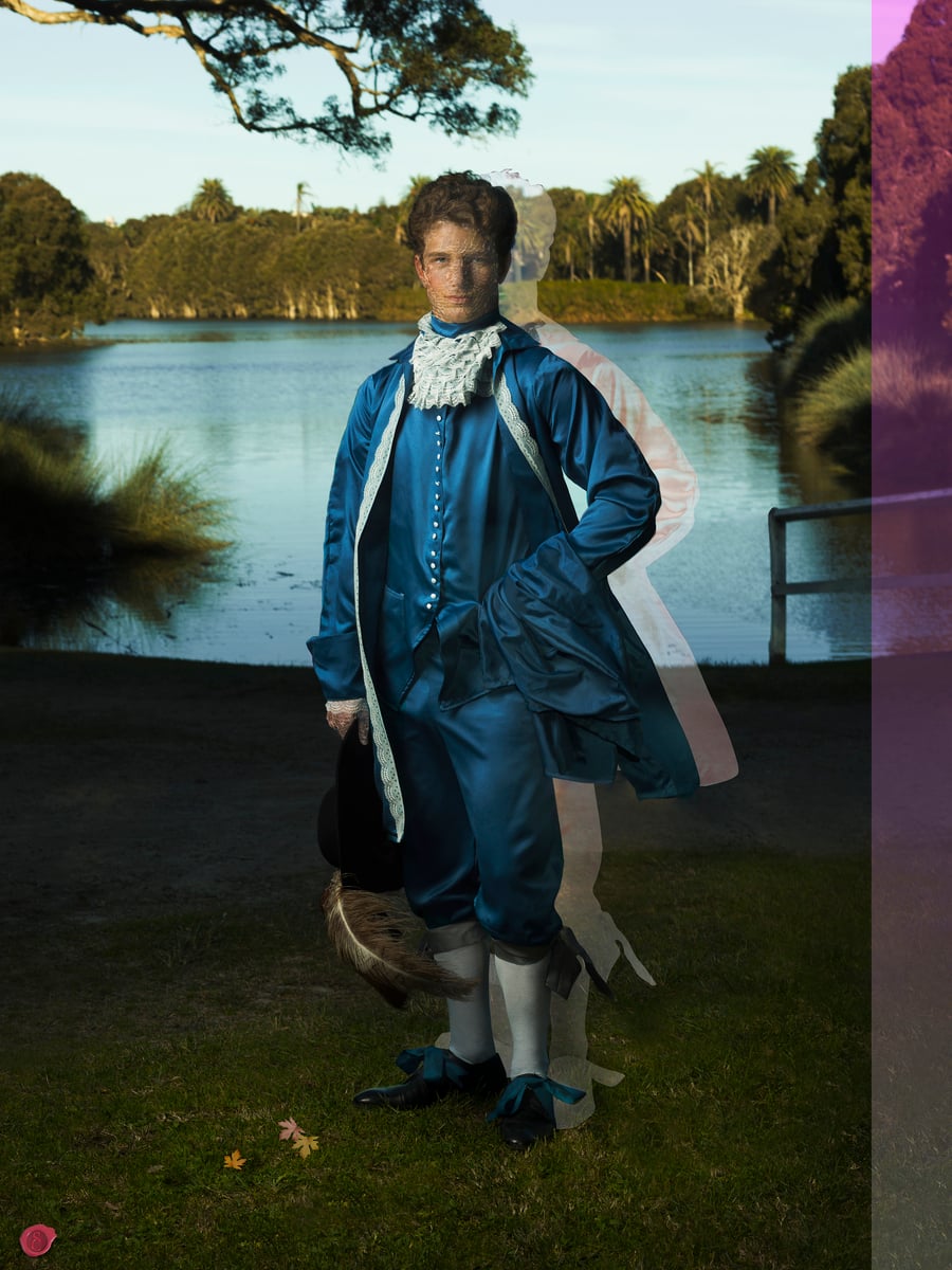 Eighteenth-Century Boy, Shiny Blue Silk, Dramatic Landscape