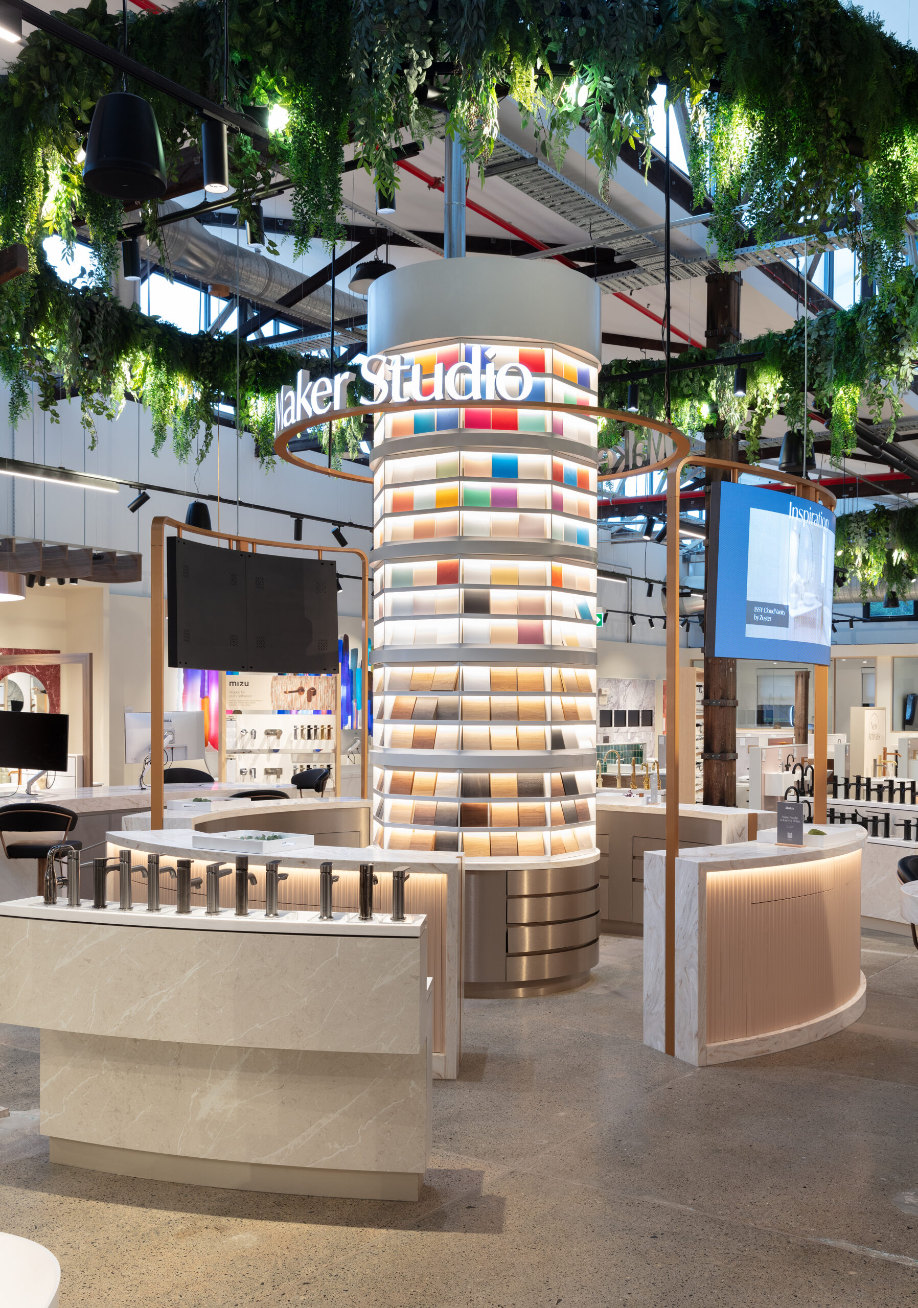 bathroom showroom with colourful tile tower