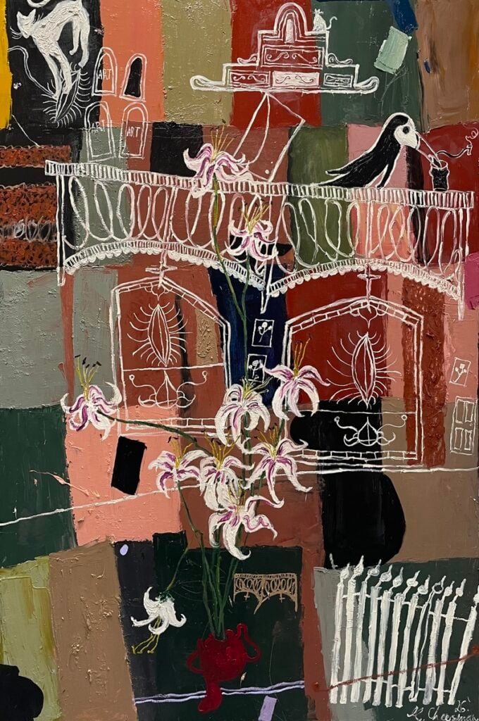 Terrace Still Life Drawing On Stained Glass Quilt (ll)