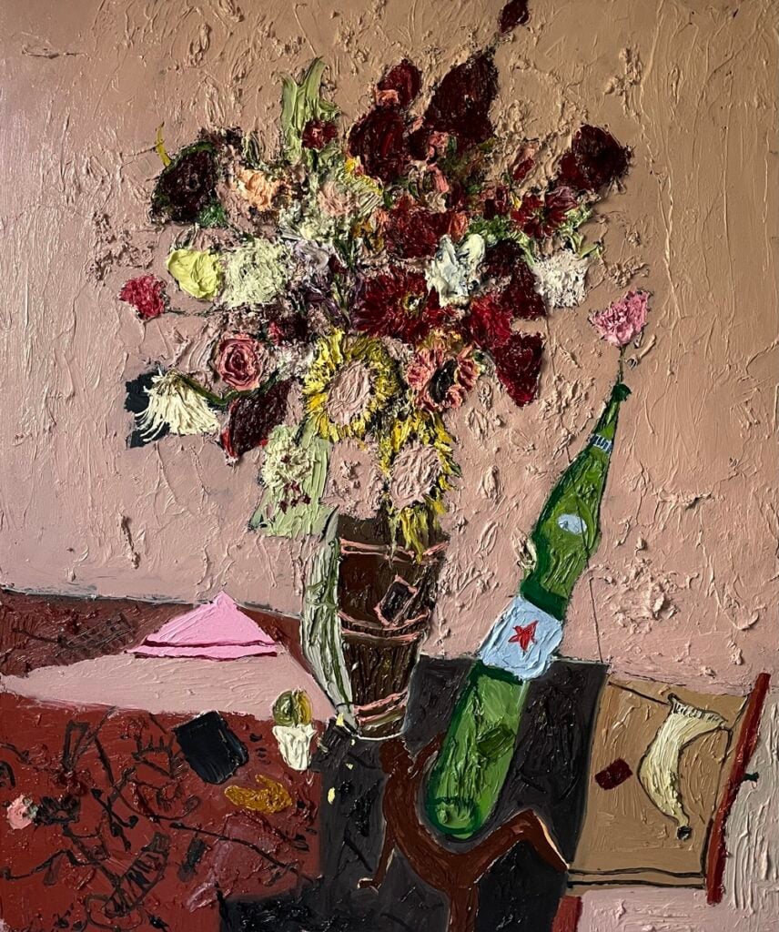 Green Bottle, Pink Cloth, Gold Hook by Mitchell Cheesman