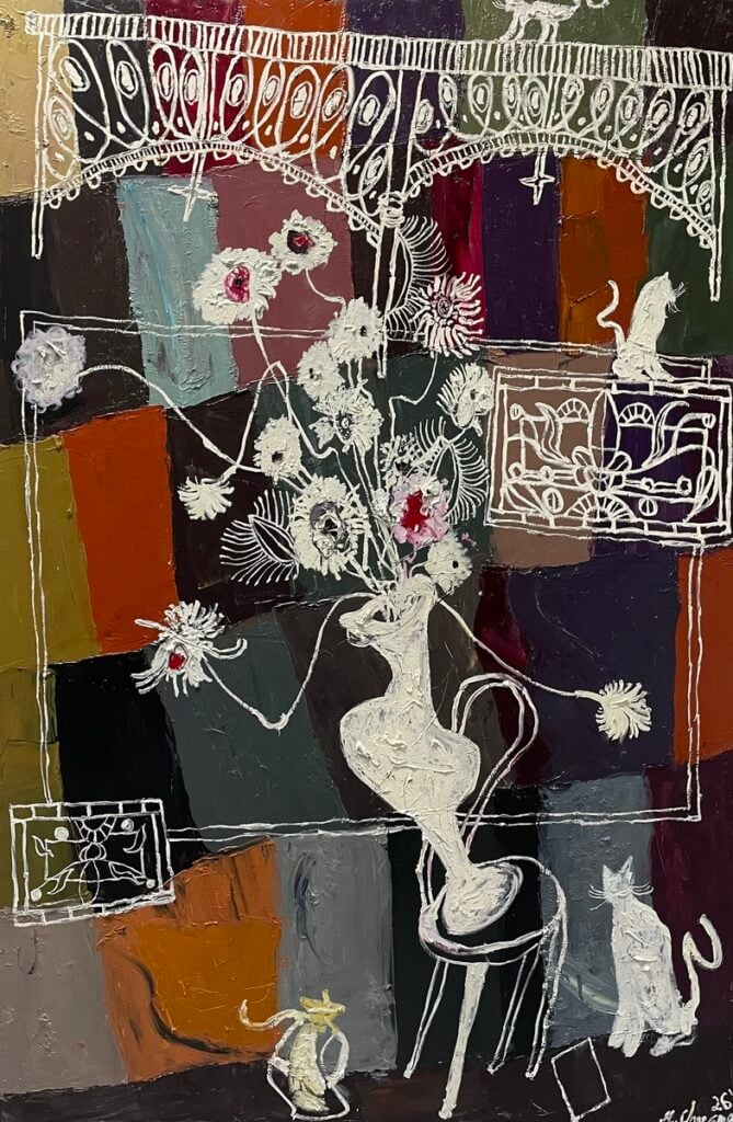 Terrace Still Life Drawing On Stained Glass Quilt (l)